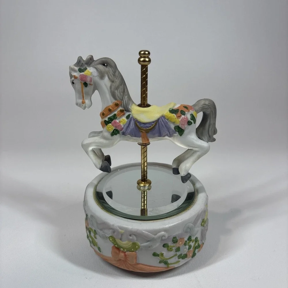 Vintage Carousel Horse with Round Porcelain Music Box and Mirrored‎ Floor